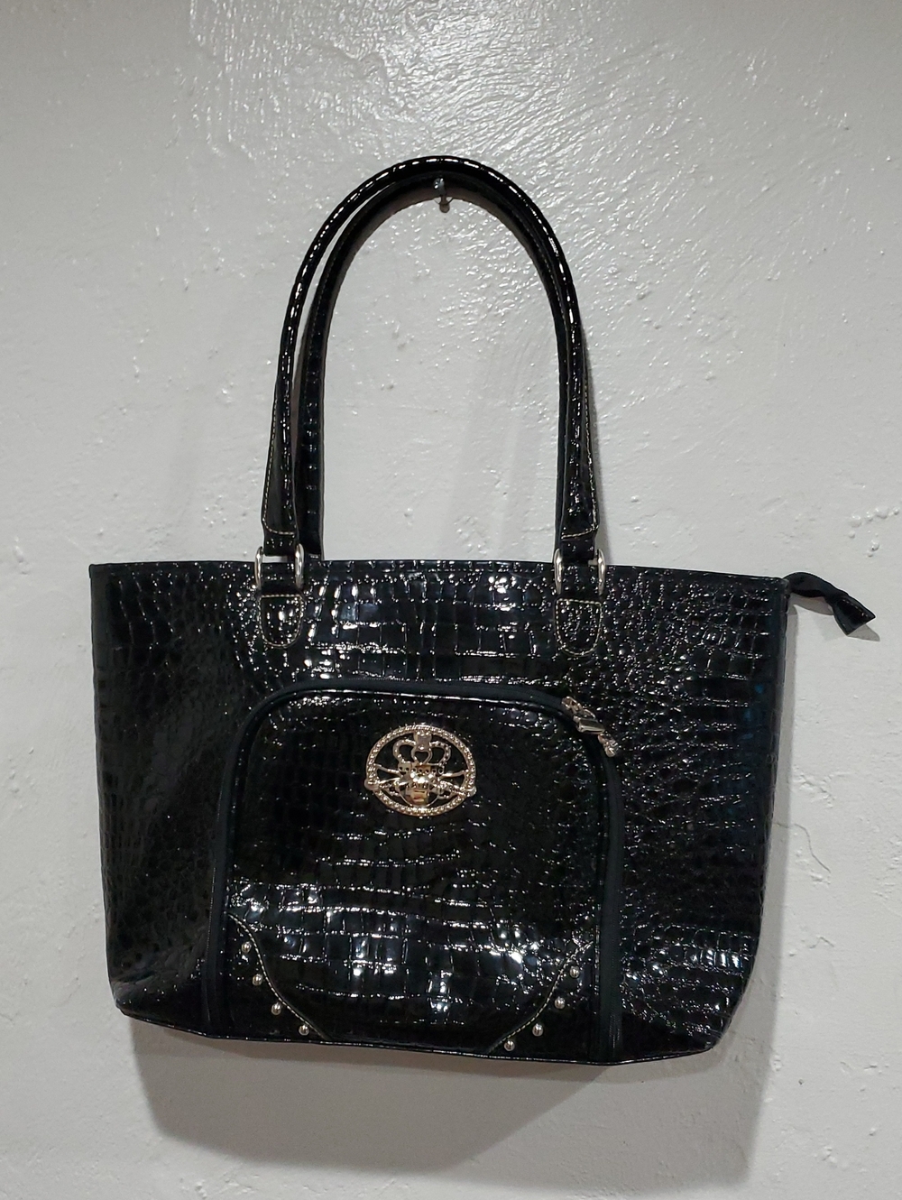 Kathy Van Zeeland Large Black Croc-Embossed Tote Bag